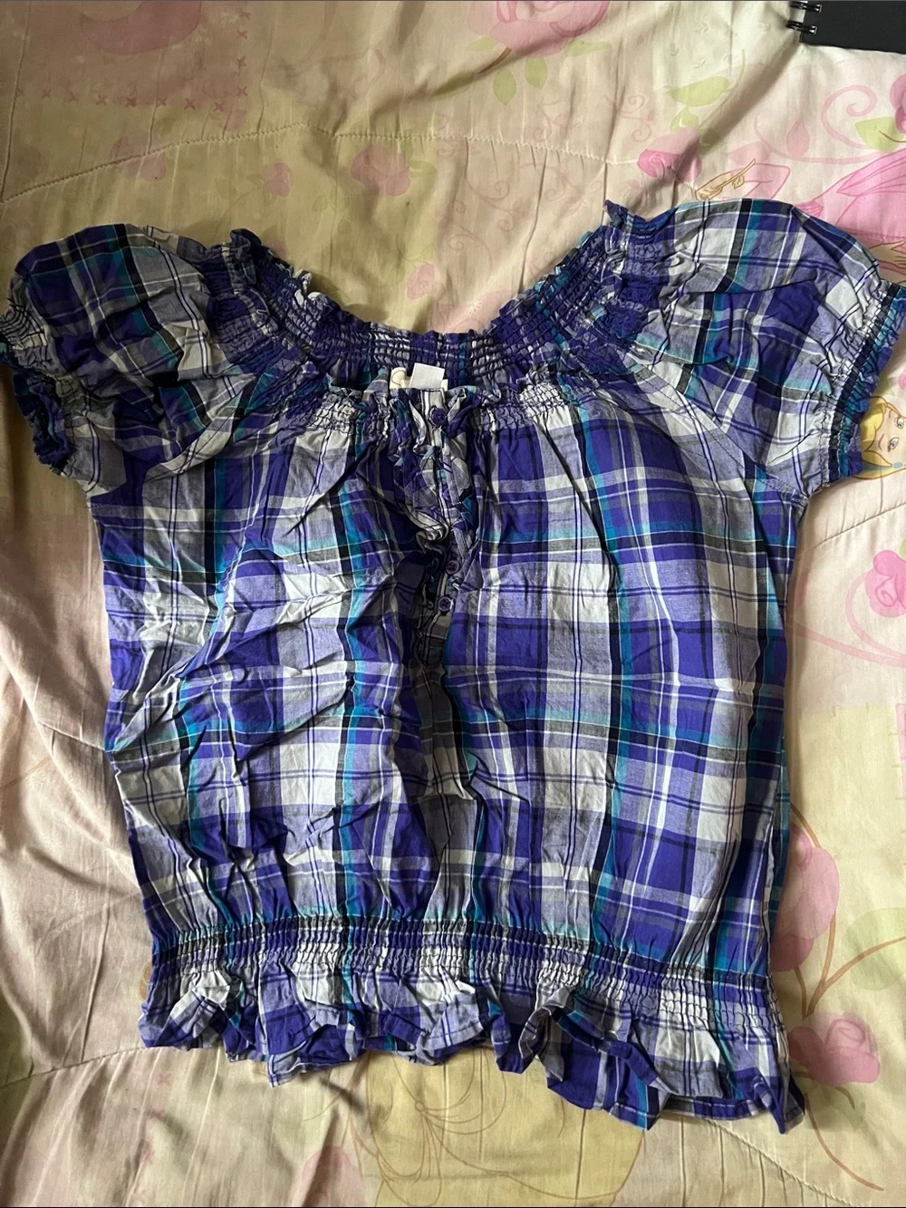 Justice Purple Plaid Smocked Short Sleeve Top